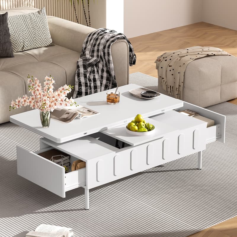 Roomfitters Lift-Top Coffee Table with 2 Drawers and Foldable Top, Hidden Storage Compartment, Adjustable Center Table