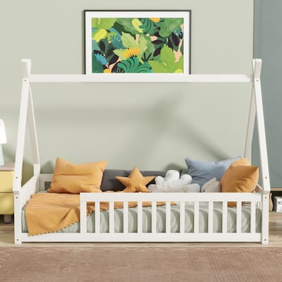 Twin Size Tent-shaped Floor Bed with Guardrails and Slats