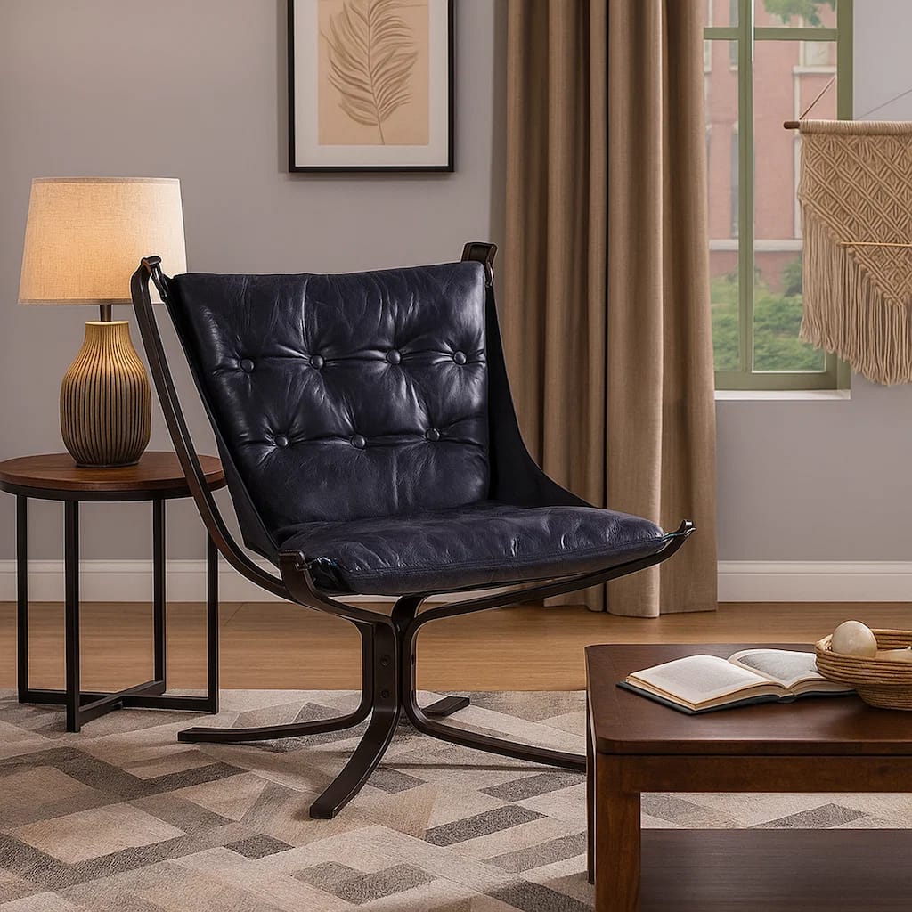 Star Base Metal Accent Chair with Faux Leather Seating, Blue and Brown