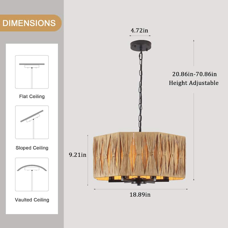 18.89-inch Hawaiian-style 6-light metal chandelier with imitation raffia lampshades and adjustable height