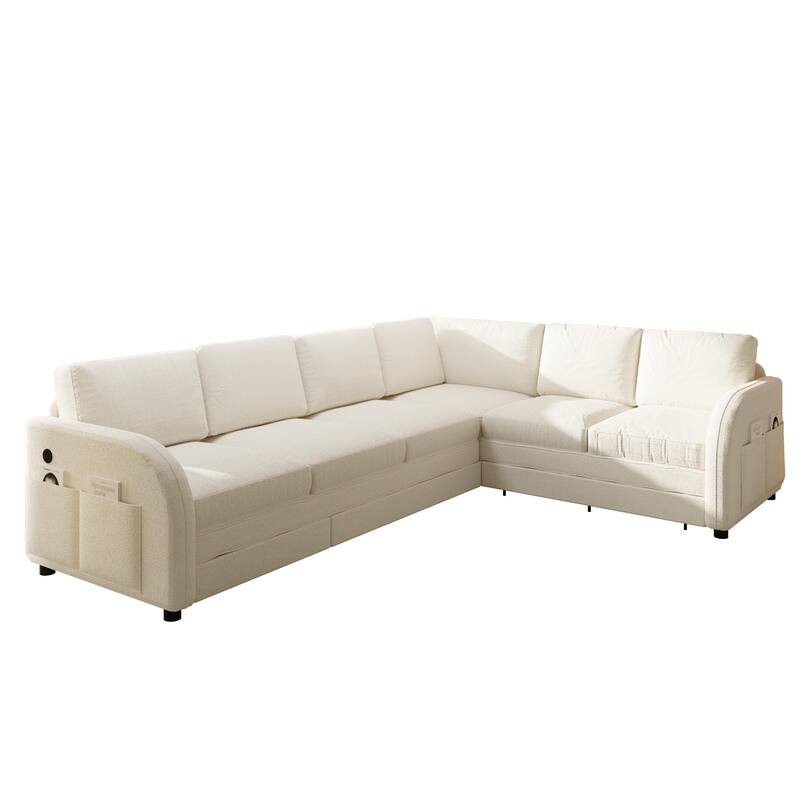 115" L-Shaped Sectional with Pull-Out Bed, USB Ports & Side Pockets, King Size Upholstered Bed