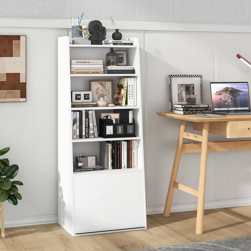 Gymax 6-tier Bookcase w/ 2 Adjustable Shelves Filp-up Door 5 Open