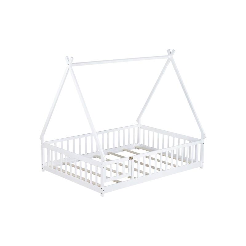 Full Size Rubber Wood Tent-shaped Floor Bed with Guardrails