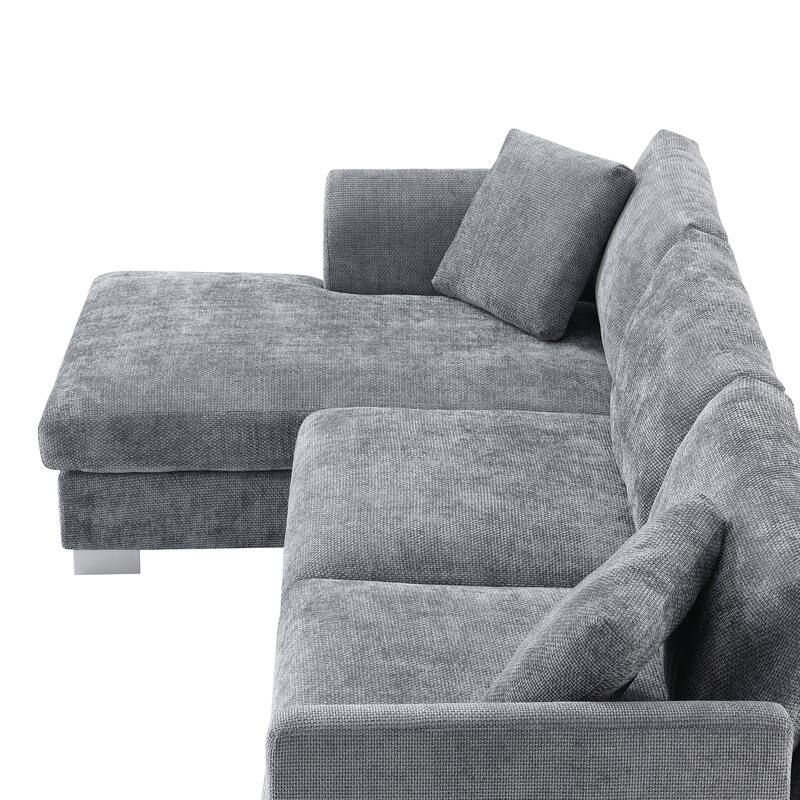 L-Shaped Sectional Sofa with Chaise Lounge, Oversized Chenille Upholstered Sofa, 4 Seater Sofa with 2 Throw Pillows