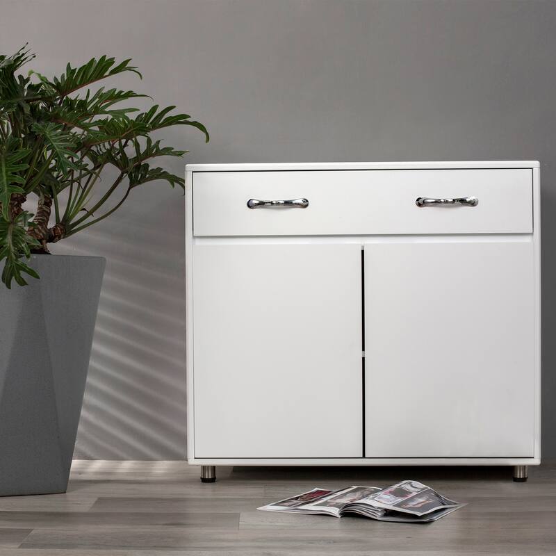 Two-Door Side Table with Drawer, Adjustable Shelves, Steel Tube Legs, E1 MDF, NC Painted Finish - White