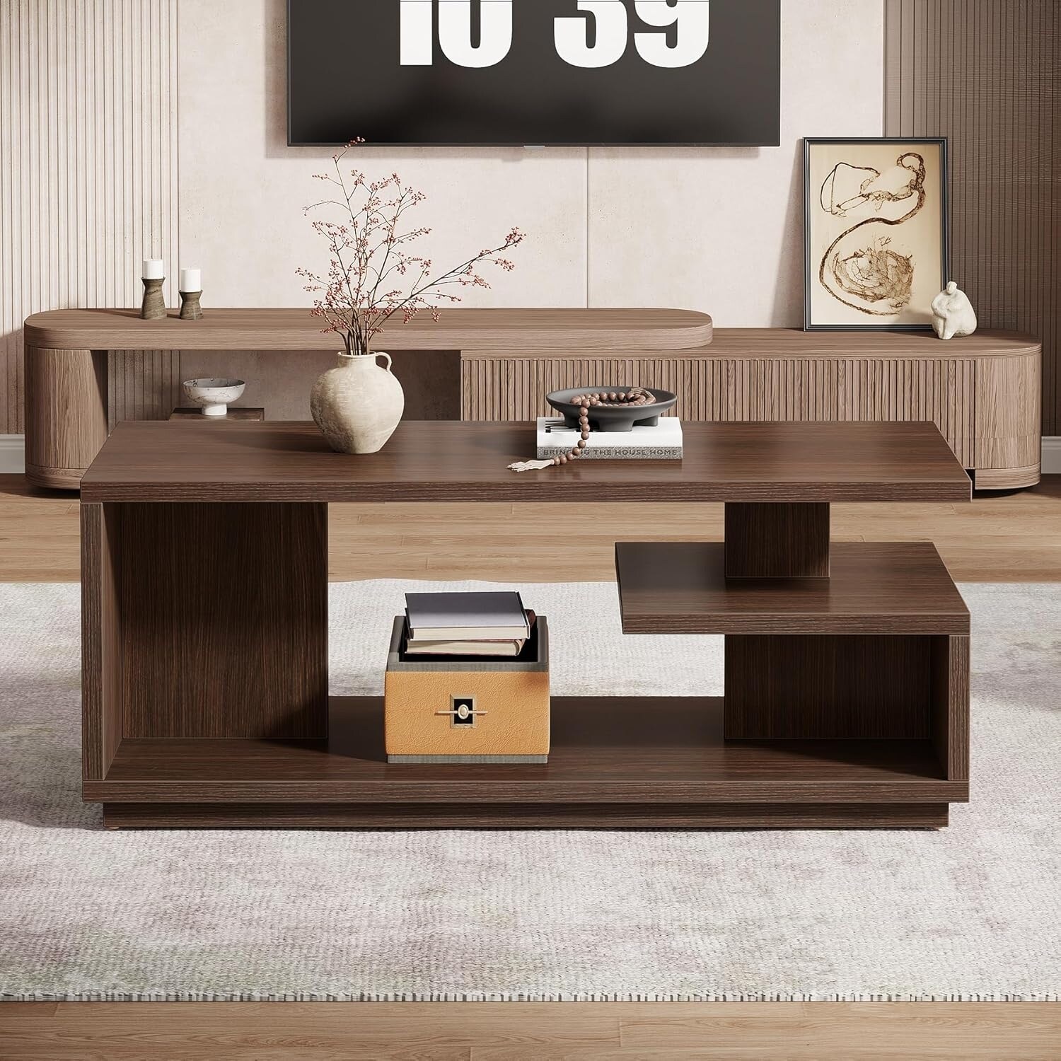 47.24 Inches Coffee Table with Storage Shelf, 3 Tiers Wooden Tea