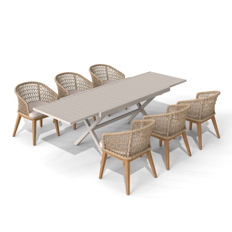 Expandable Aluminum Outdoor Dining Table with 6 Rope Woven Chairs