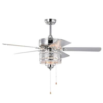 52'' Classical Crystal Ceiling Fan Lamp 5 Reversible Blades,Chrome(Hand Pull Chain)