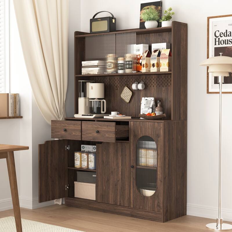 Modern Storage Cabinet with Two Drawers, Reeded Glass Doors and Microwave Stand