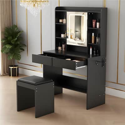 Vanity Desk with LED Mirror, Storage Drawers, USB Outlets, and Padded Stool