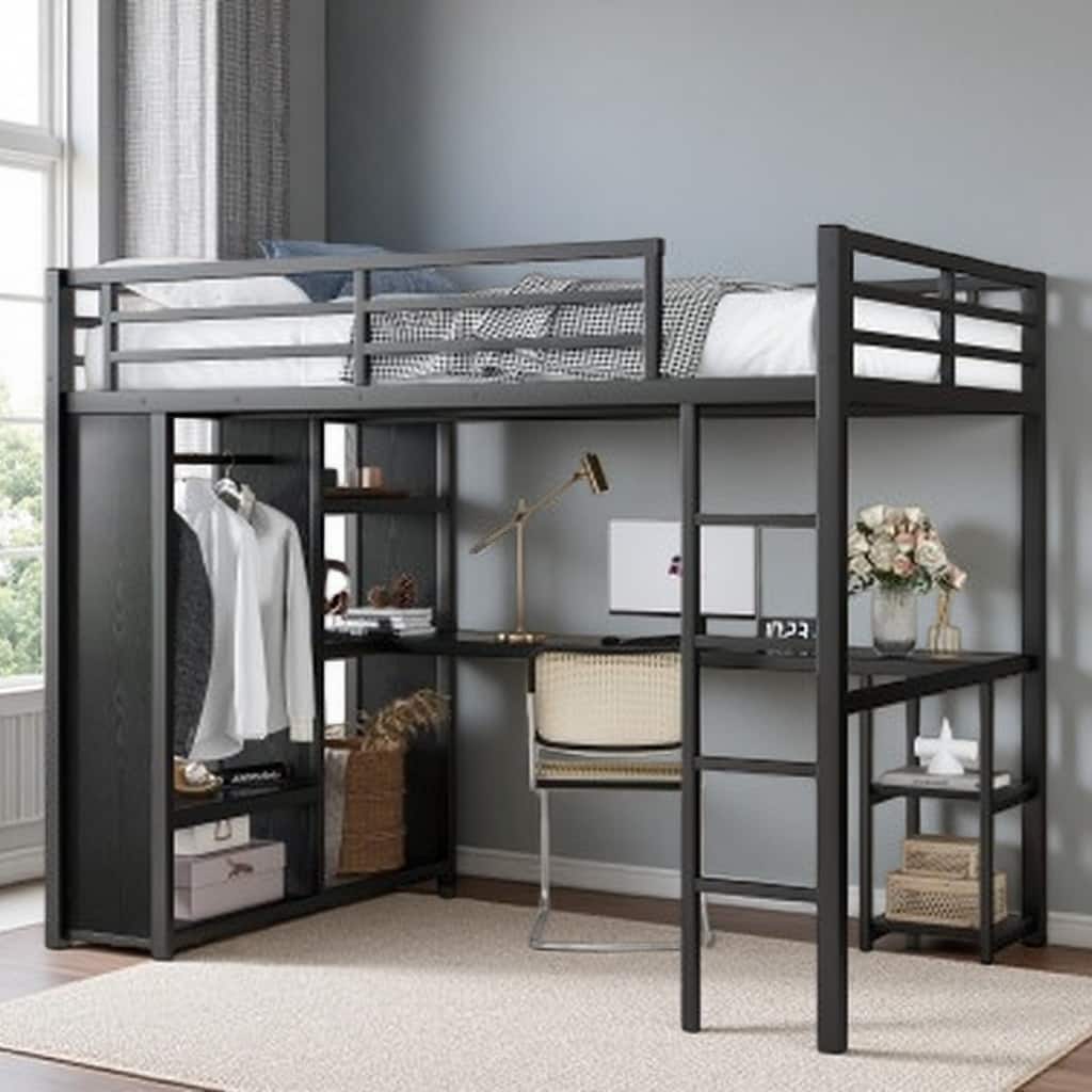 Workstation Metal Loft Bed with Built-in Desk, Stairs, Shelving & Wardrobe Space