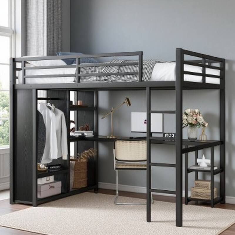 Workstation Metal Loft Bed with Built-in Desk, Stairs, Shelving & Wardrobe Space - Full Black - Full