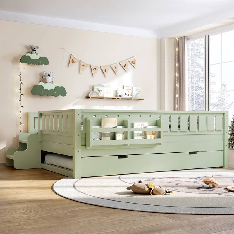 Montessori Toddler Bed with Fence, Low Profile Platform Bed for Kids with Trundle, Built-in Bookshelf and Small Staircase - Avocado Green - Full