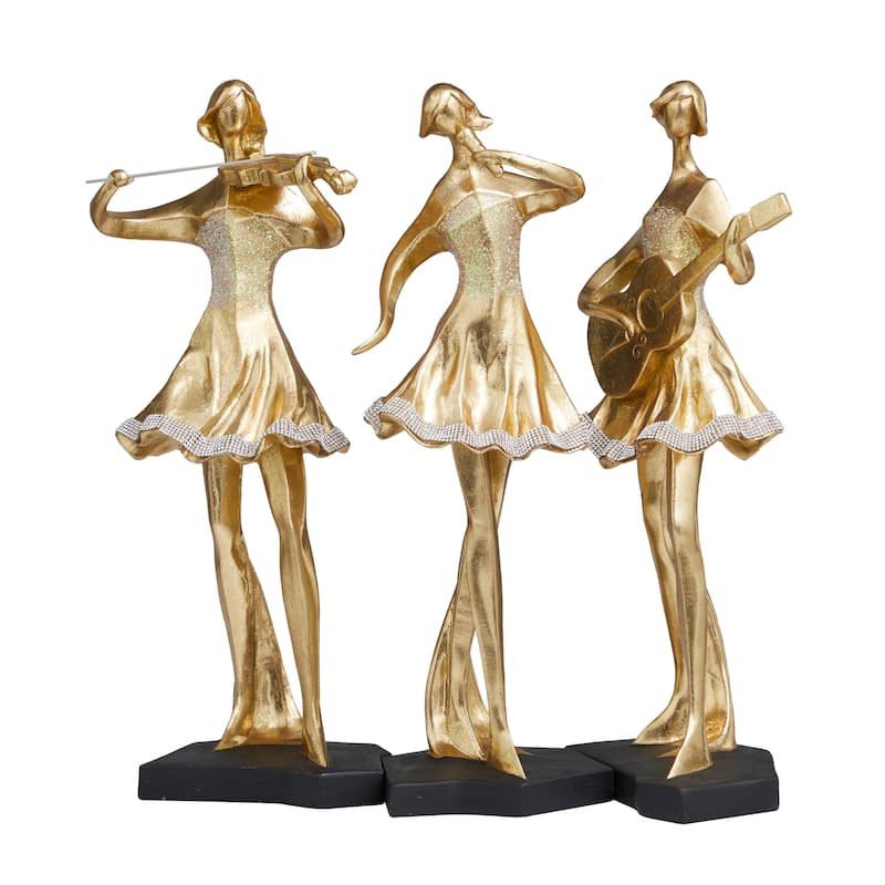 Gold Resin Abstract Women Musician Decorative Sculpture with Glitter and Rhinestone Detailing (Set of 3)