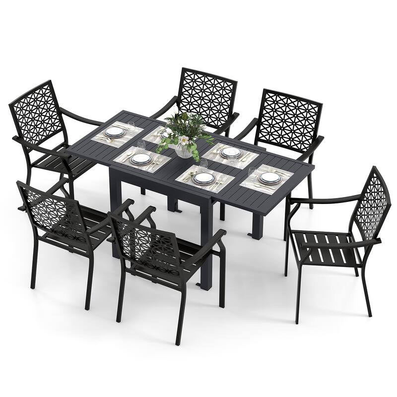 Gymax 7PCS Expandable Outdoor Dining Set w/Slatted Tabletop & Seats