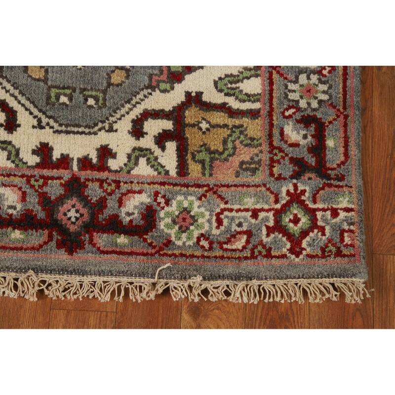Hand Knotted Oriental 100% Wool Carpet Traditional Geometric Greys & Charcoal Heriz (serapi) Runner Rug - 7' 11'' X 2' 7''