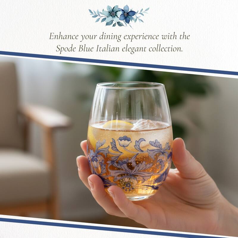 Spode Set of 4 Blue Italian Stemless Wine Glass - 19 oz.