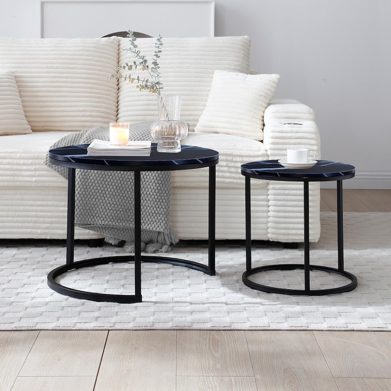 Versatile Nesting Coffee Table Set of 2 with Round Wooden Top and Metal Frame Base Modern Simple Side Table End Table Nightstand