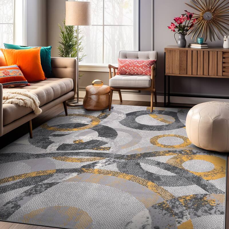 World Rug Gallery Distressed Modern Circles Area Rug - 7' 10" x 10' - Yellow - Rectangle