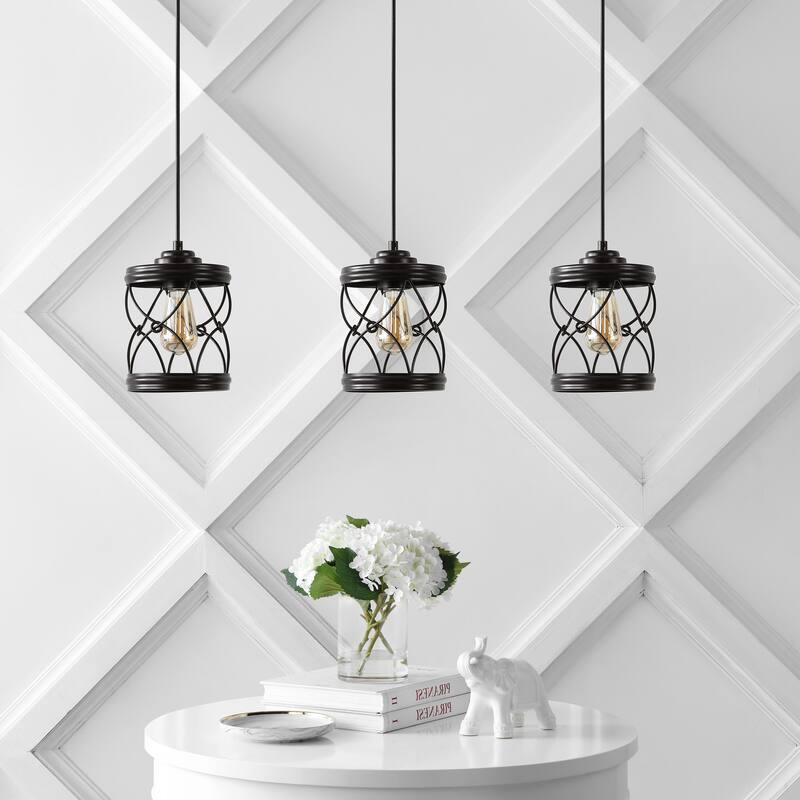 Helisa 6.5" 1-Light Farmhouse Industrial Iron Filigree Caged Jar LED Pendant, (Set of 3) by JONATHAN Y