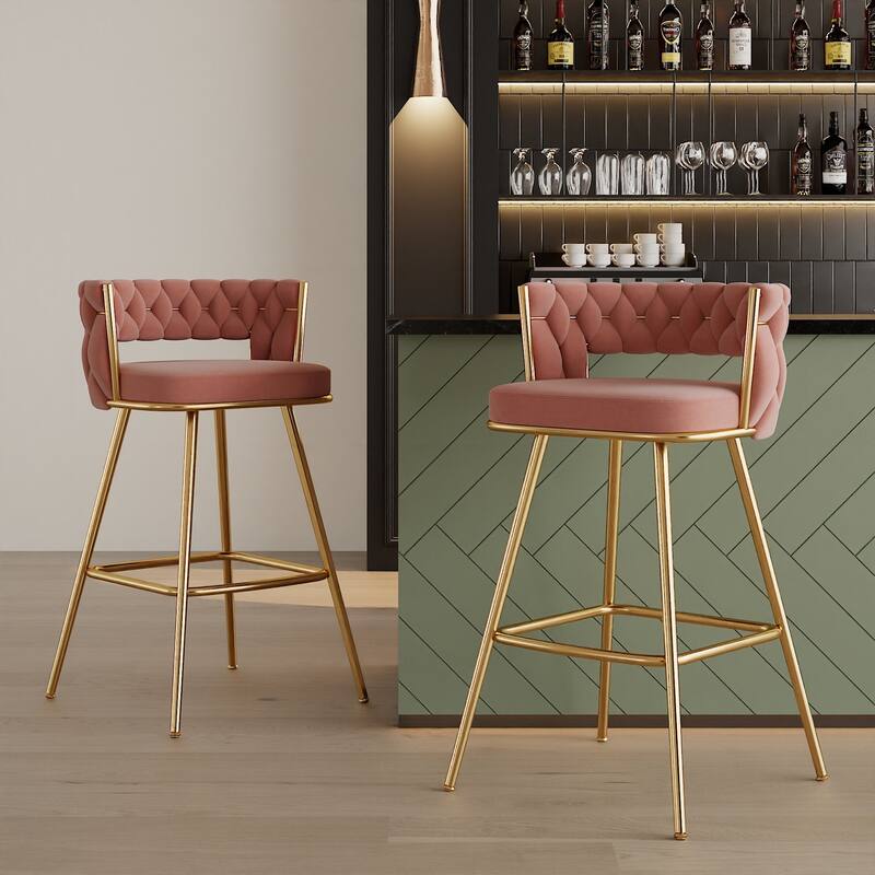 VECELO Counter Height Bar Stools with Woven Backrest 26.77" Seat Height Mid-Century Modern Upholstered Bar Chairs for Kitchen