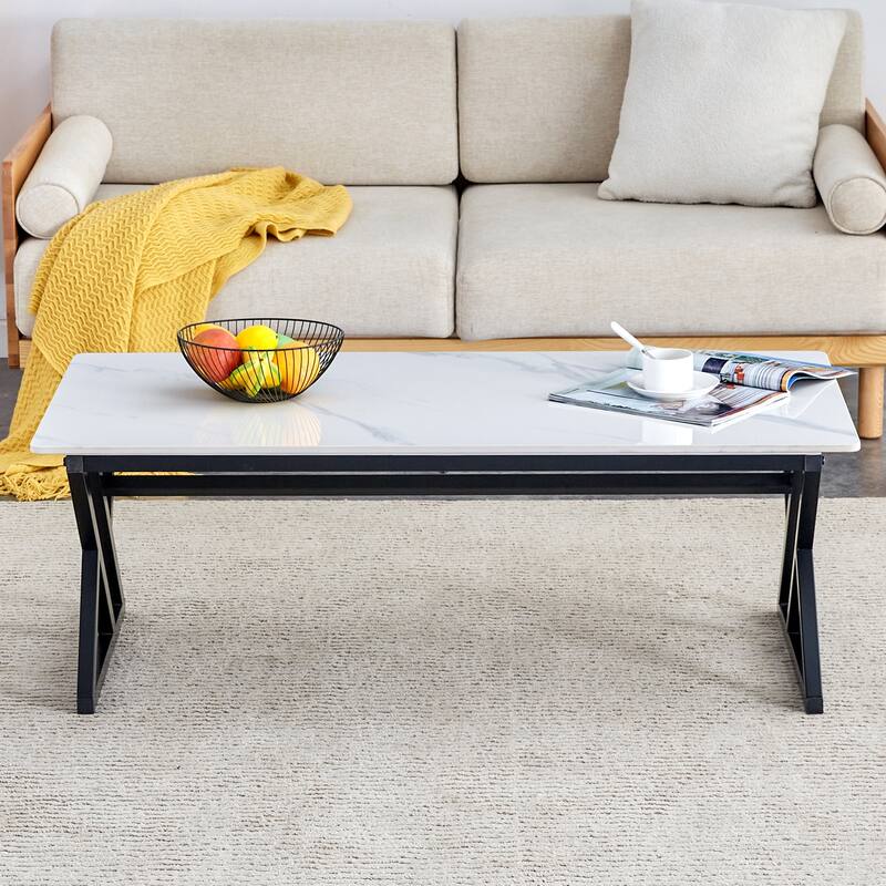 47" Modern Rectangular Coffee Table with Sintered Stone Tabletop and X-shaped Metal Legs