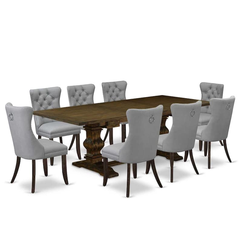 9 Piece Dining Set - Rectangle Table with Leaf & 8 Upholstered Chairs