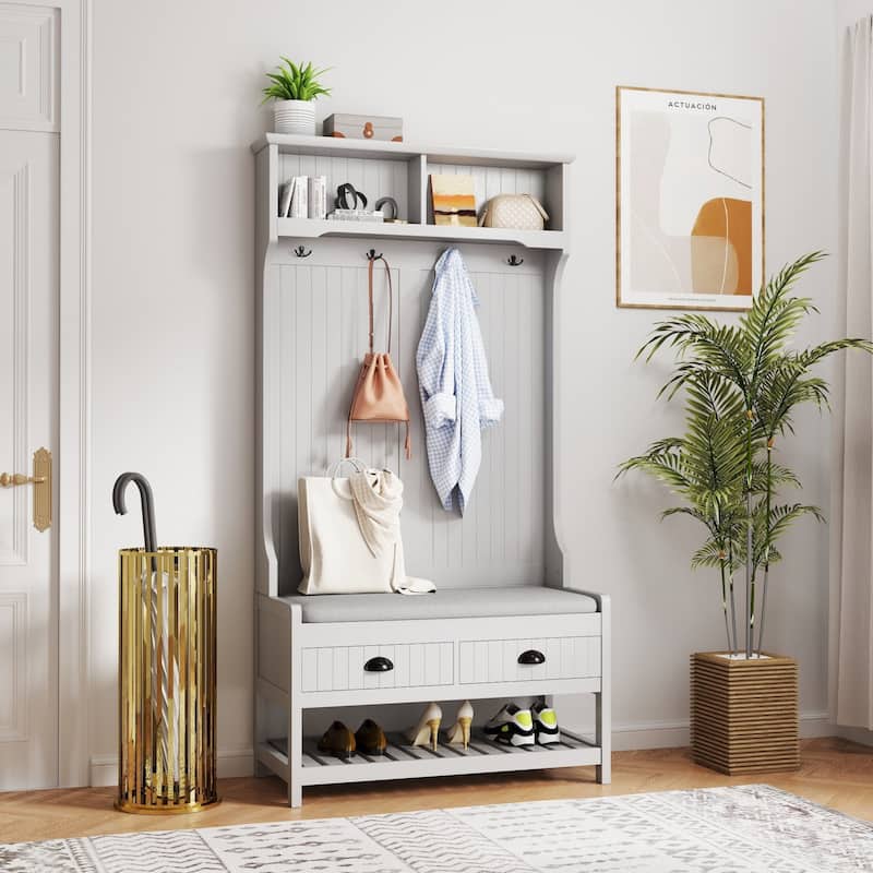 3-in-1 Hallway Hall Tree with 2 Storage Drawers, 4 Coat Hooks, Padded Bench Cushion, Entryway Shoe Rack with Top Shelves -  Grey