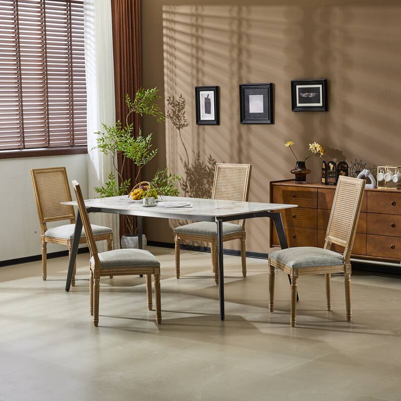 [Set of 4] French Country Dining Chairs - Elegant Cane Backrest & Upholstered Seats with Fluted Legs- Solid Rubberwood Frame