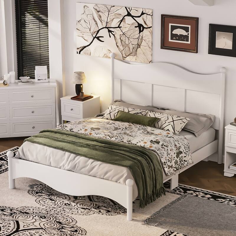 Wood Platform Bed Frame with Wooden Slat Support - White - Queen