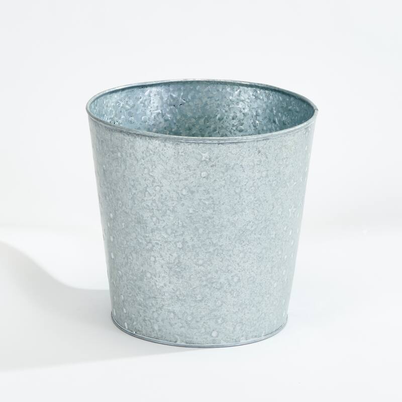 Galvanized Metal Christmas Planter Bucket with White Stars and Dots, 9.25" Height, 9.5" Diameter, Set of 2 - 9.25