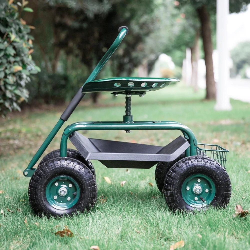 Kinsuite Rolling Utility Garden Cart Patio Wagon with Adjustable 360 Degree Swivel Seat Heavy Duty Steel Frame 