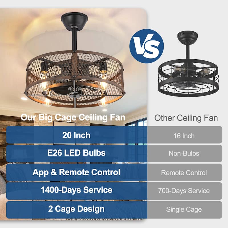 20-26" Caged outdoor Ceiling Fan with Light: Remote App Control-Farmhouse Fandelier Flush Mount Fixture Reversible 6 Speed Timer