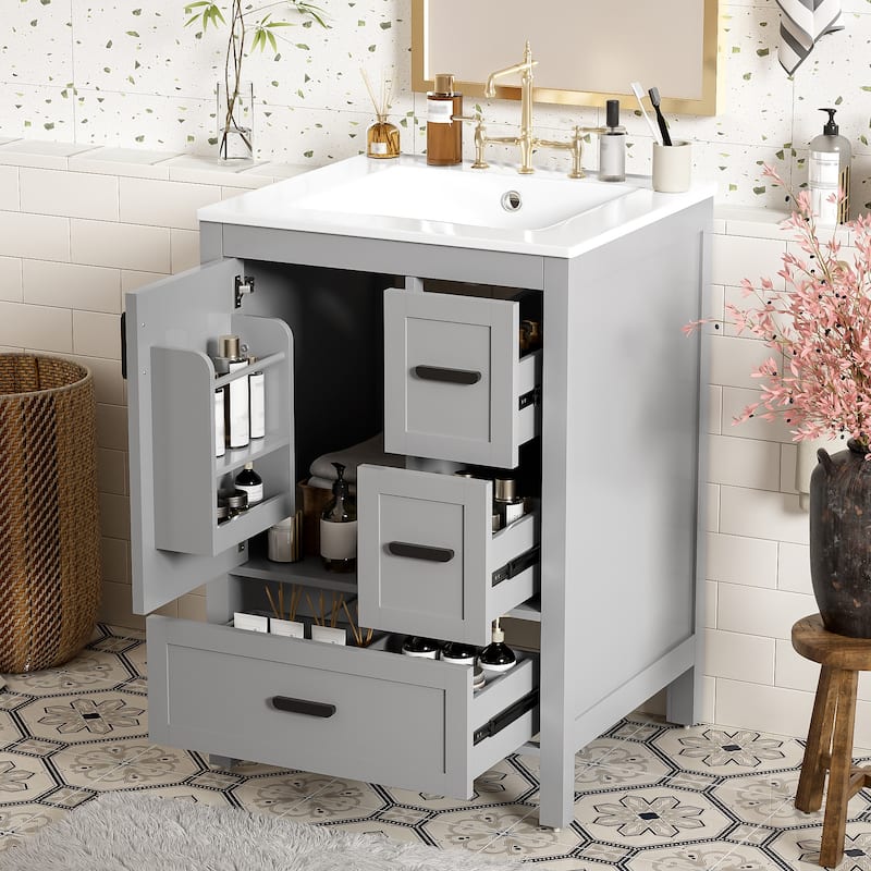 Modern 24-inch Bathroom Vanity with Ceramic Sink, Soft-Close Door, Double-Layer Door Shelf, and 3 Drawers - Gray