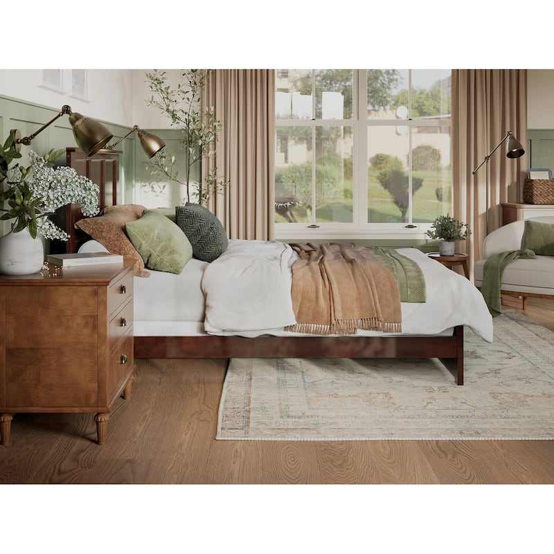 King Size Platform Bed with Footboard & Charger - Low Profile Wood Bed Frame - Walnut Finish
