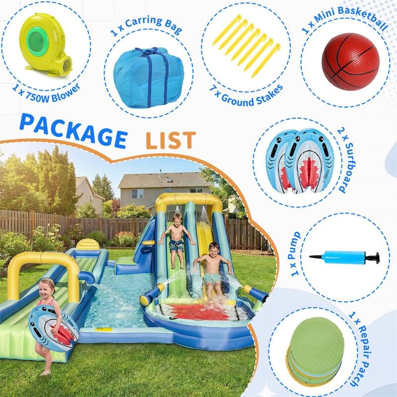 Oxford Cloth Shark Theme Dual Slide Inflatable Water Bounce Castle In Blue With Climbing Wall - N/A