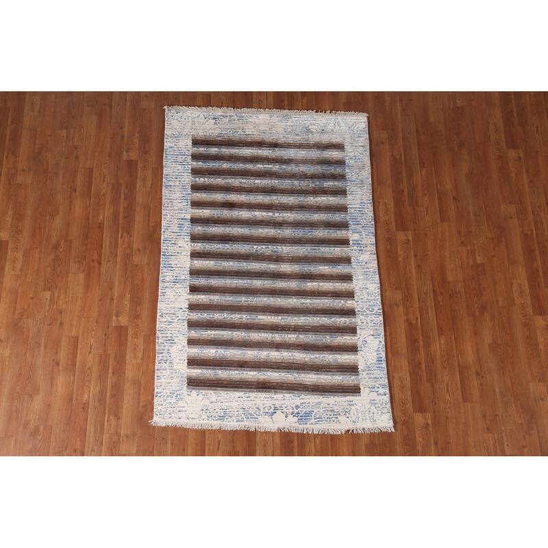 Striped Abstract Accent Rug Wool Carpet - 3'11"x 6'0"