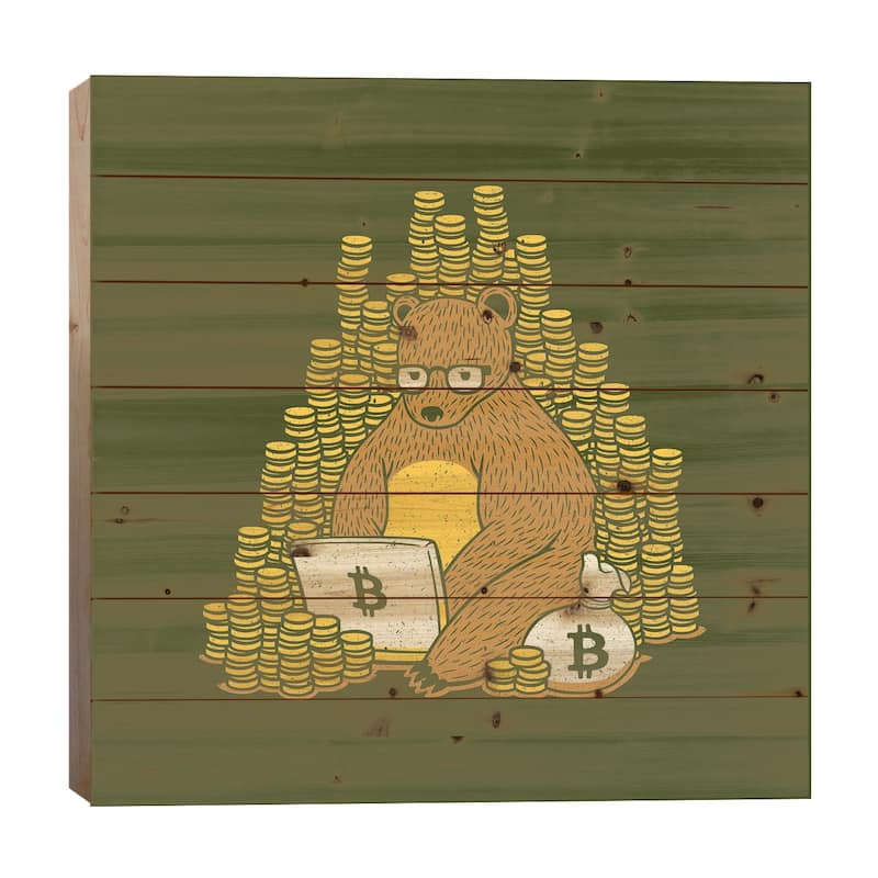 Bitcoin Miner Bear Print On Wood by Tobias Fonseca - Multi-Color - 26x26x1.5