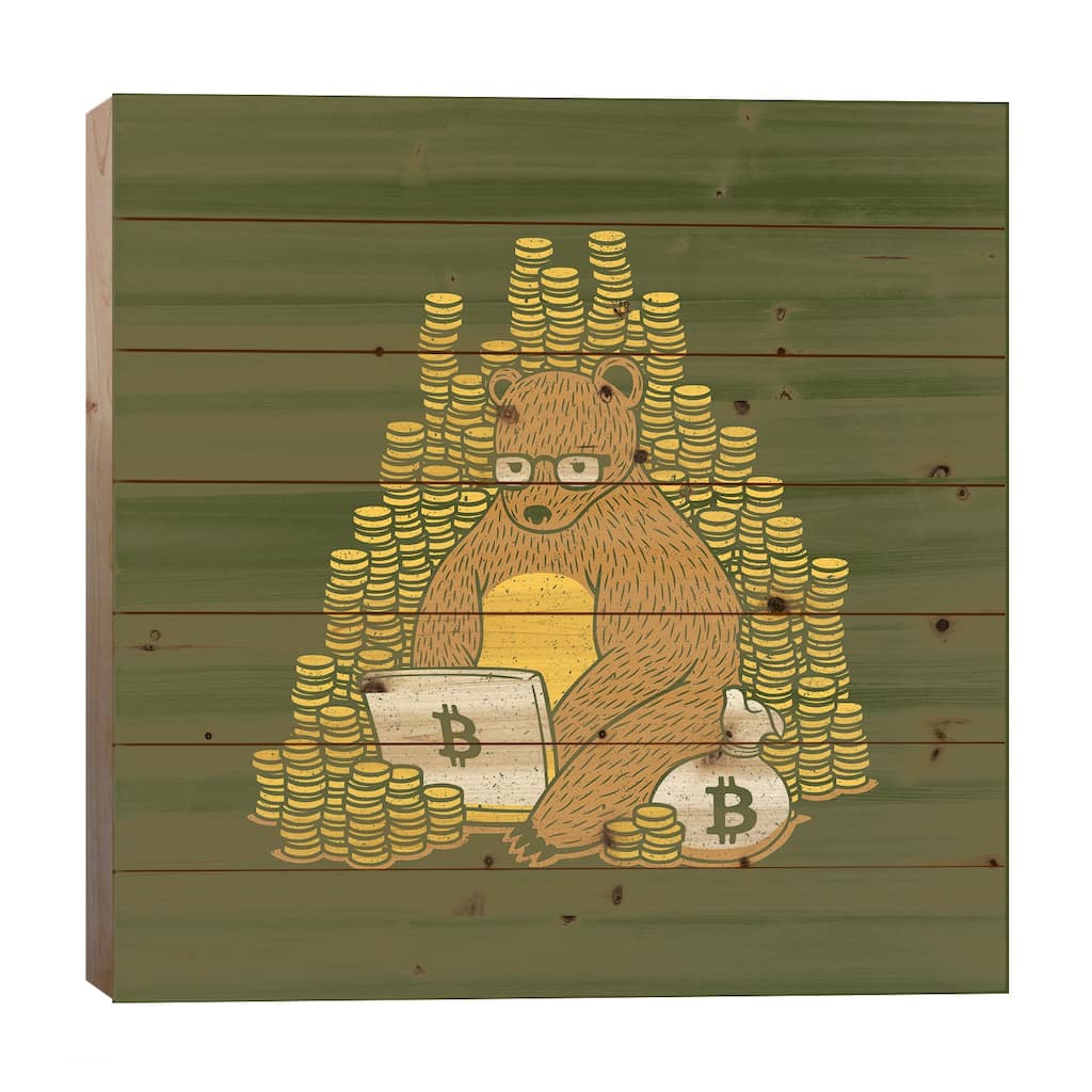 Bitcoin Miner Bear Print On Wood by Tobias Fonseca - Multi-Color