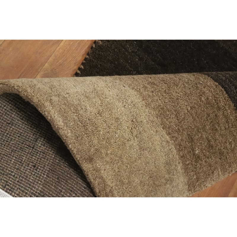 Hand Knotted Oriental 100% Wool Carpet Modern Stripe Brown Gabbeh Runner Rug - 4' 8'' X 2' 5''