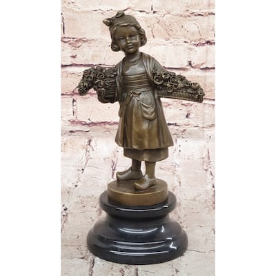 Young Girl Carrying Flower Basket - Bronze Sculpture By Daste