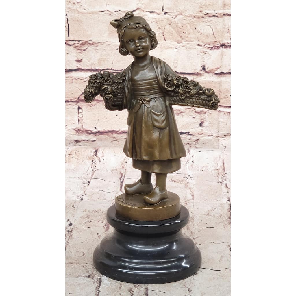 Young Girl Carrying Flower Basket - Bronze Sculpture By Daste