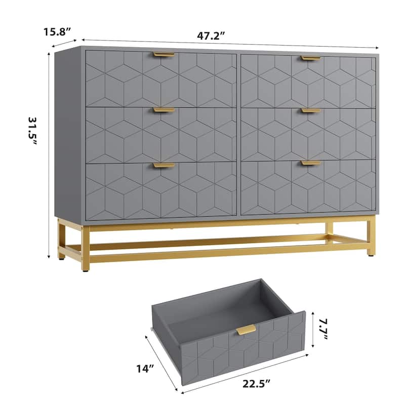 6 Drawer Dresser, with Gold Handles, for TV Stand & Closet