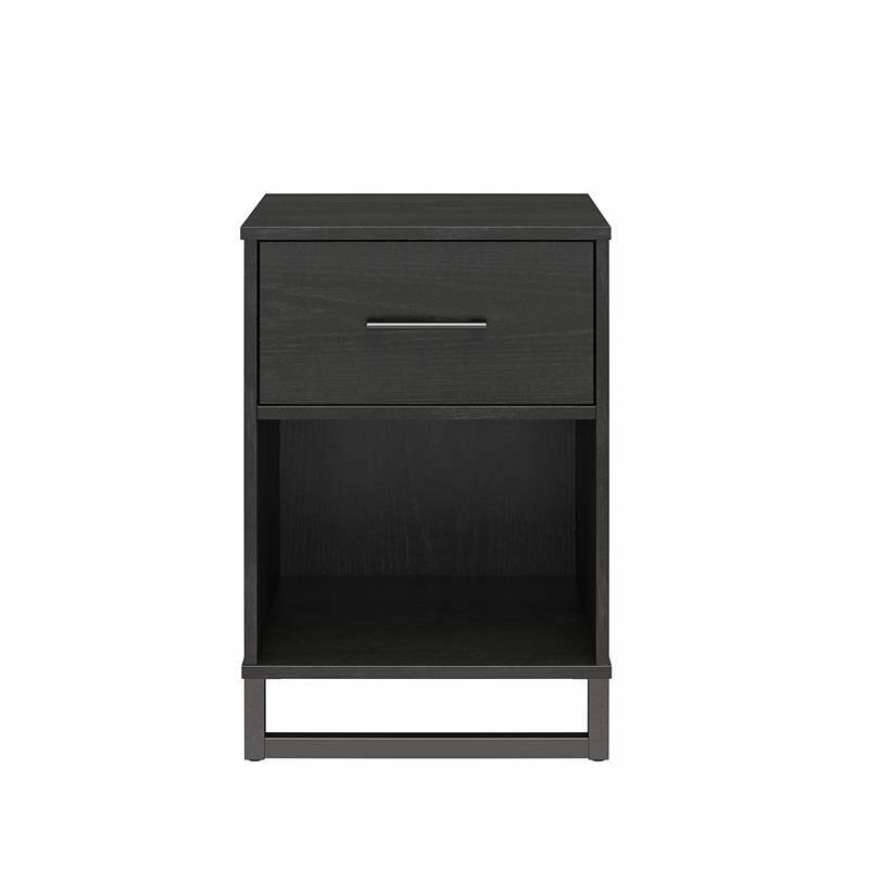 Modern Rustic Nightstand with 1 Drawer and Open Shelf Black Wood Finish and Metal Frame