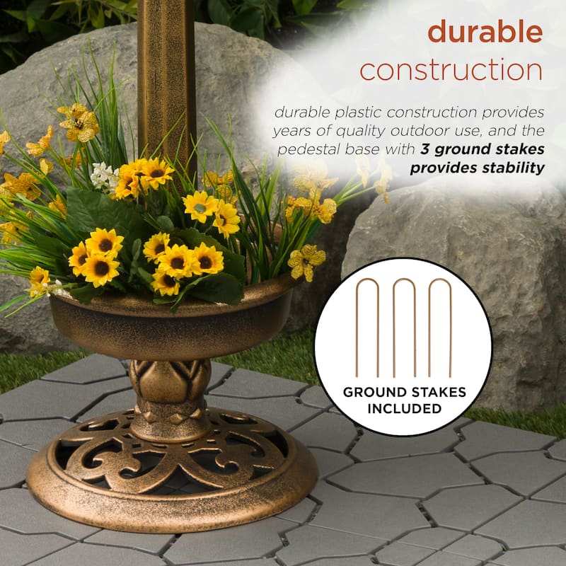 Alpine Corporation 29"H Outdoor Pedestal Birdbath with Planter Base and Solar-Powered LED Lights, Bronze