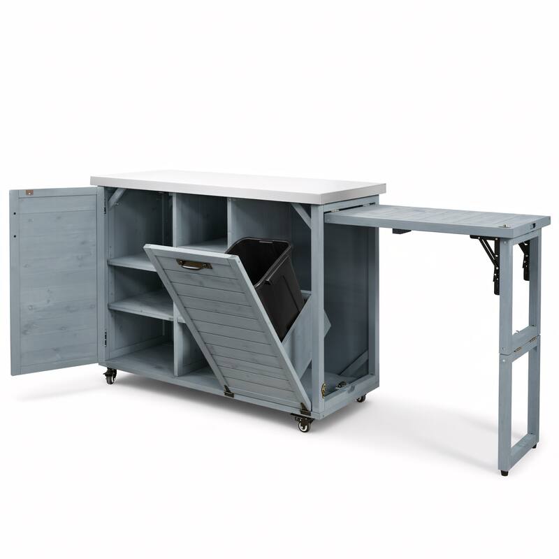 Kitchen Island with Foldable Grill Table, Grill Cart with Trash Can Storage, Stainless Steel Top Pizza Oven Table for Outdoor