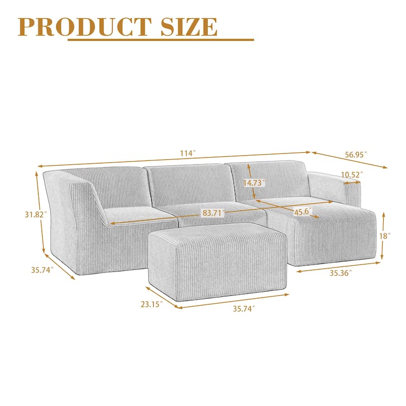 114" W Fully Sponge Molded Modular Sectional Sofa Chaise with Ottoman