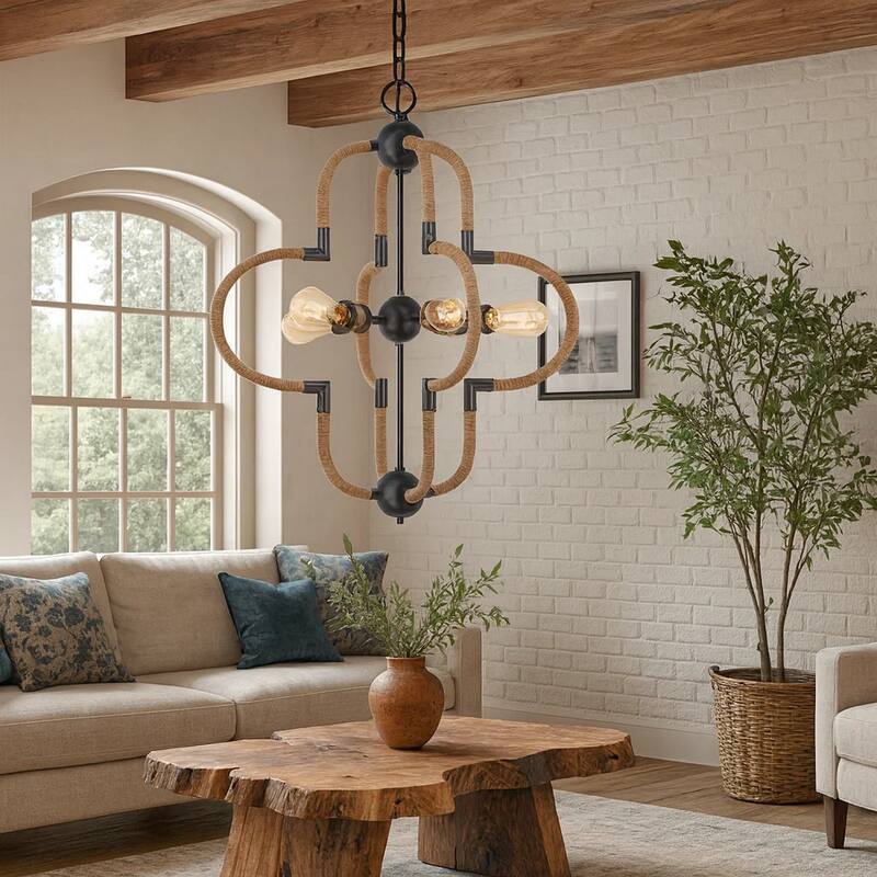 Gemo 25 Inch Chandelier, Crossed Clover Design, Brass Black Metal