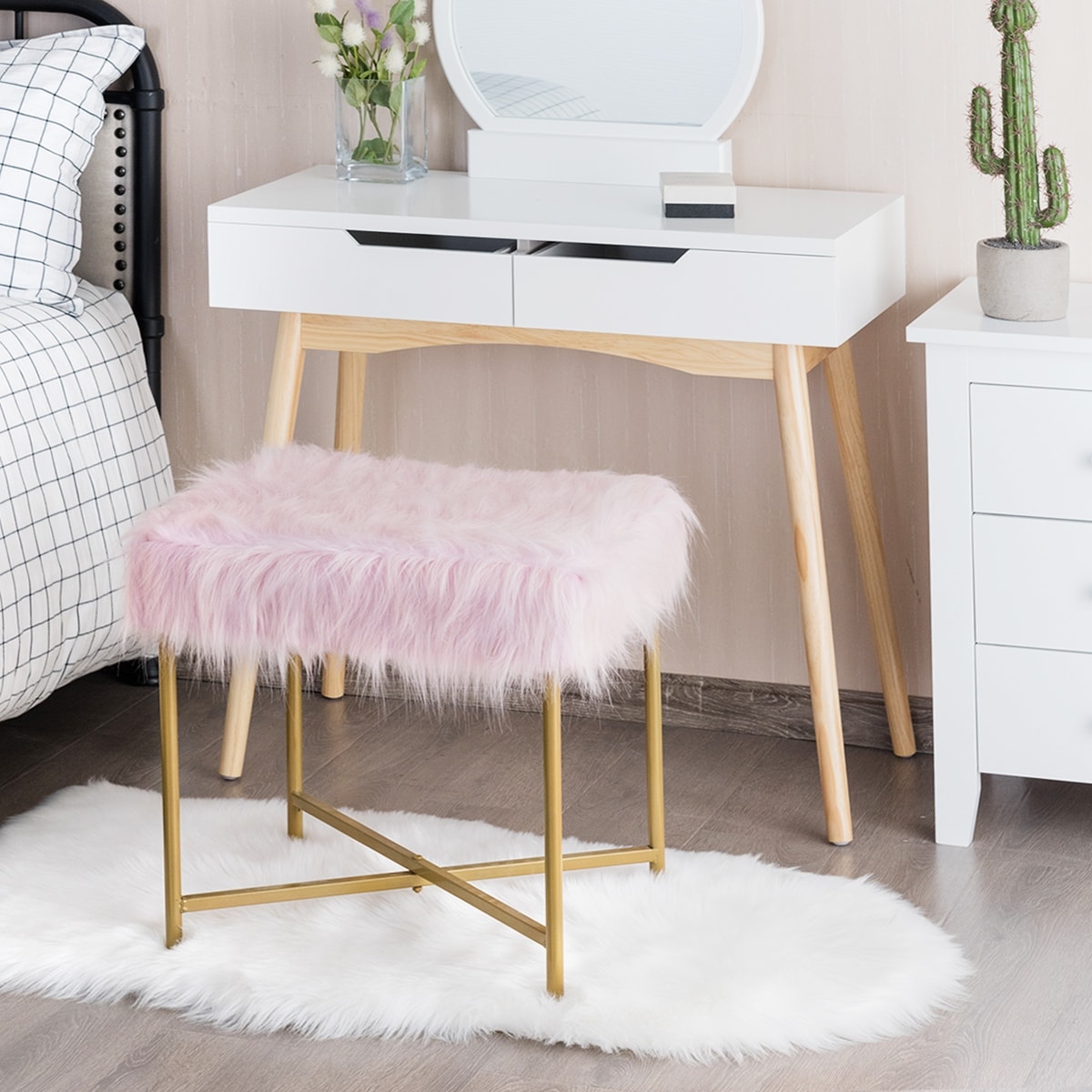 Costway Faux Fur Stool Ottoman Footrest Stool Decorative With Metal Overstock 30922461