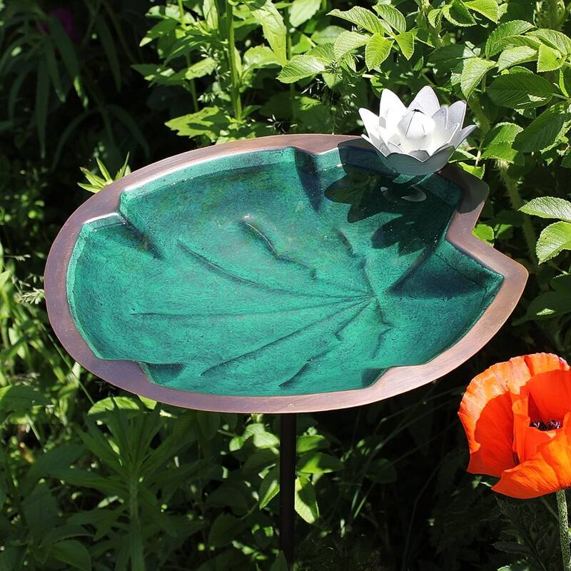 Achla Designs Lilypad Birdbath w/White Flower and Stake, 41.75 Inch Tall, Antique Copper Plated and Colored Patina Finish